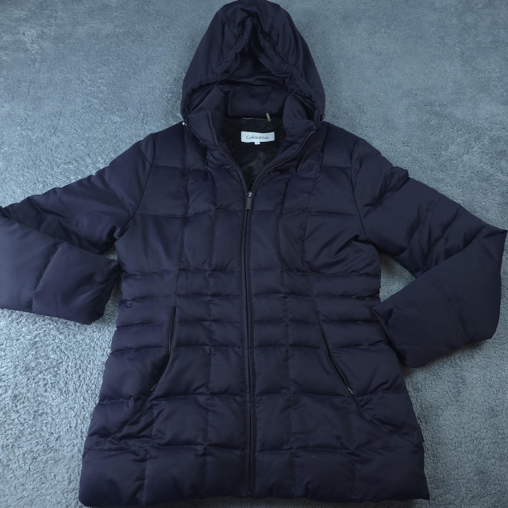 Calvin Klein Jacket Womens Small Navy Hooded Down Puffer Parka Faux Fur Lined